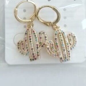 CACTUS -GOLD- plated-zirconia multicolor medium Stud Pendants Hoop Earrings